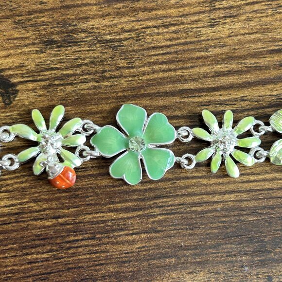 NWT Dillards Silver Green Flower Ladybug Bracelet 7" Sensitive Skin Rhinestones - Picture 6 of 11